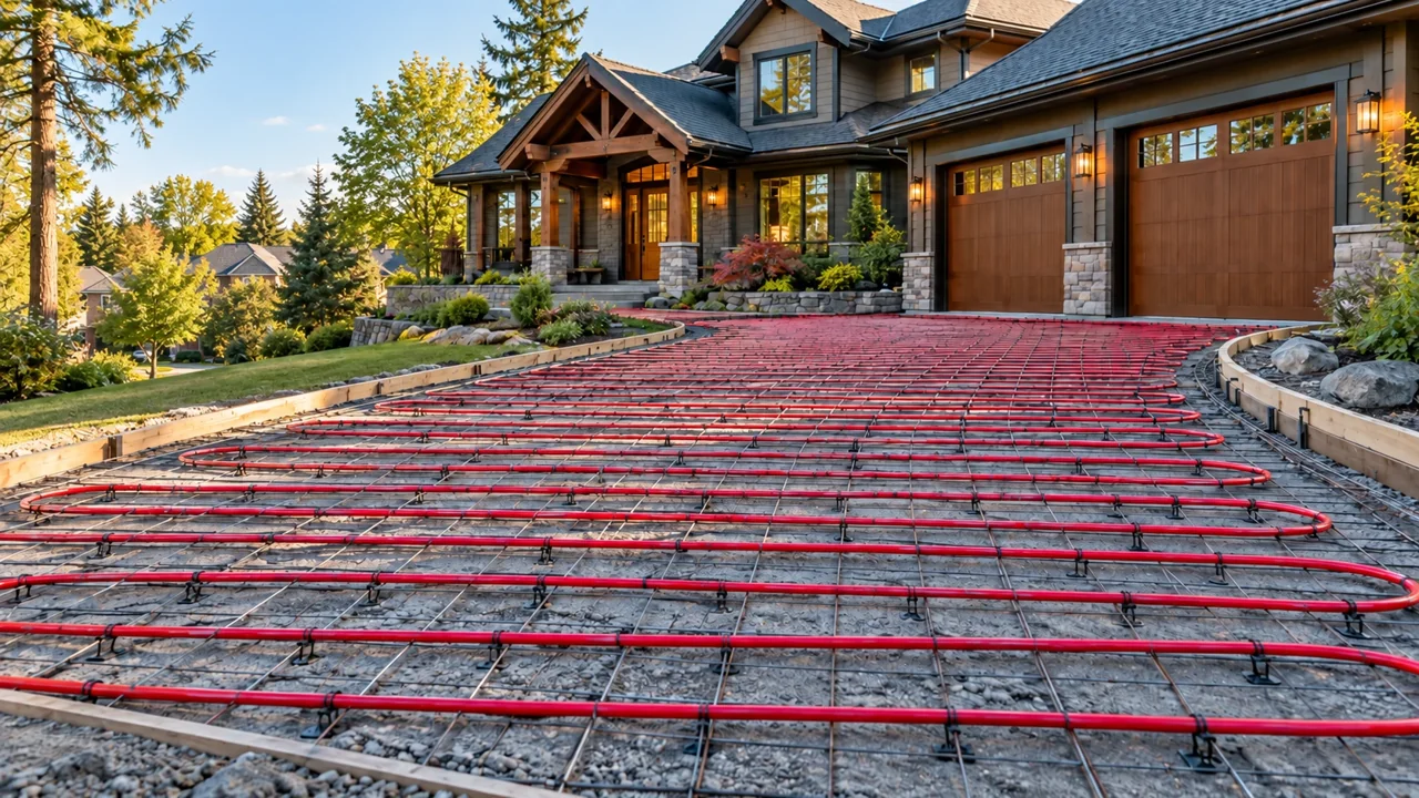 Driveway snow-melt tubing with a home and flat GTA neighbourhood behind
