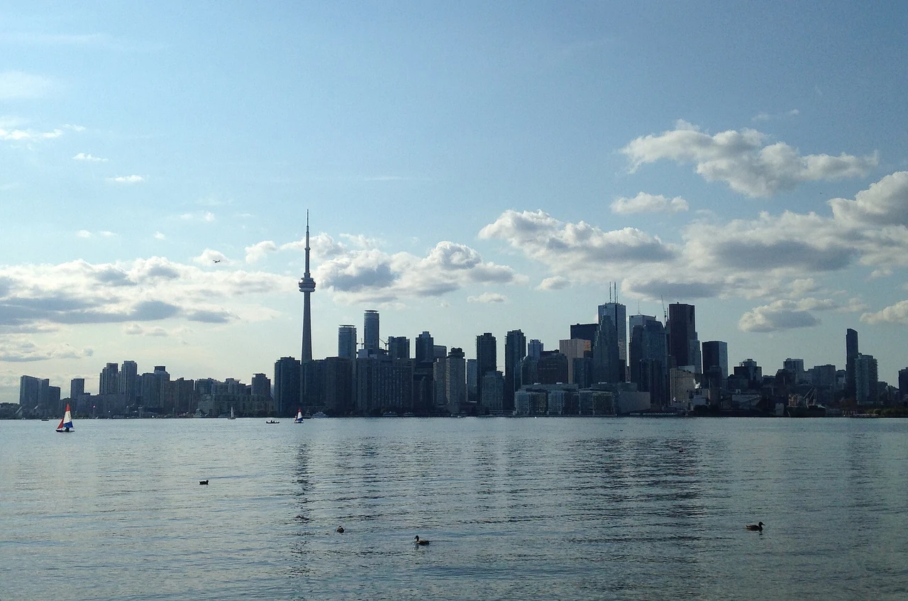 Toronto skyline and CN Tower across the harbour